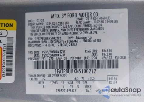 2022 Ford Mustang Ecoboost Premium z USA, uszkodzony, nr VIN 1FATP8UHXN5100212